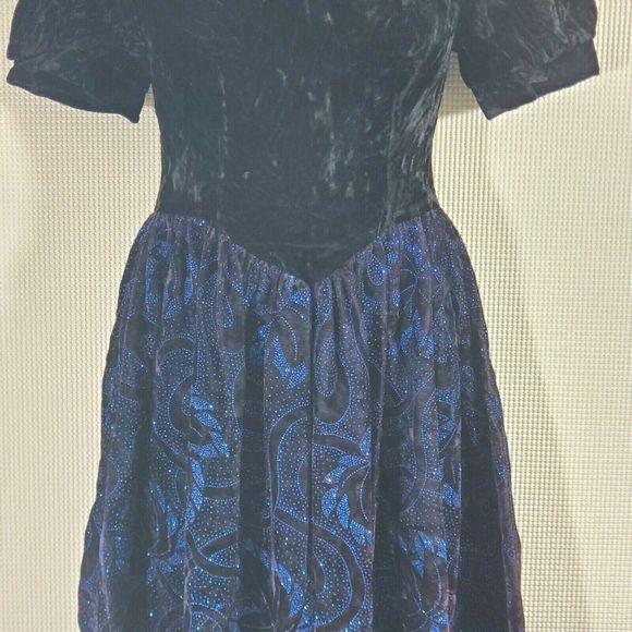 Jessica McClintock Gunne Sax Dress 12 Black Crushed Velvet Blue Prom Cocktail - Picture 4 of 12